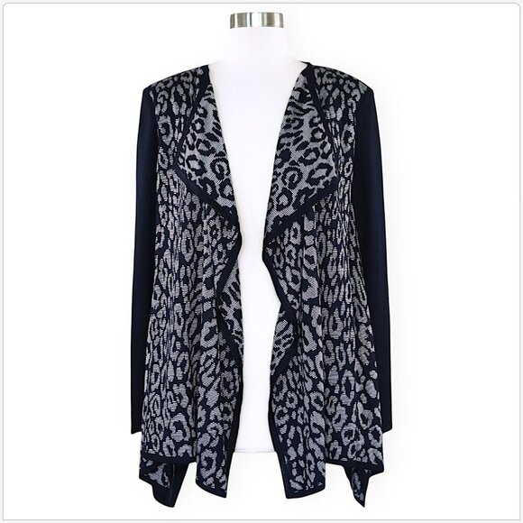St. John Navy and White Jacquard Waterfall Open Front Cardigan Knit Sweater S - Picture 1 of 4